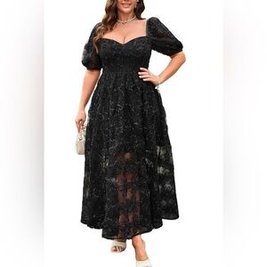 Women's Black 3D Lace Whimsygoth Midi Dress sz. 2XL Puff Sleeve Fairy Witchy